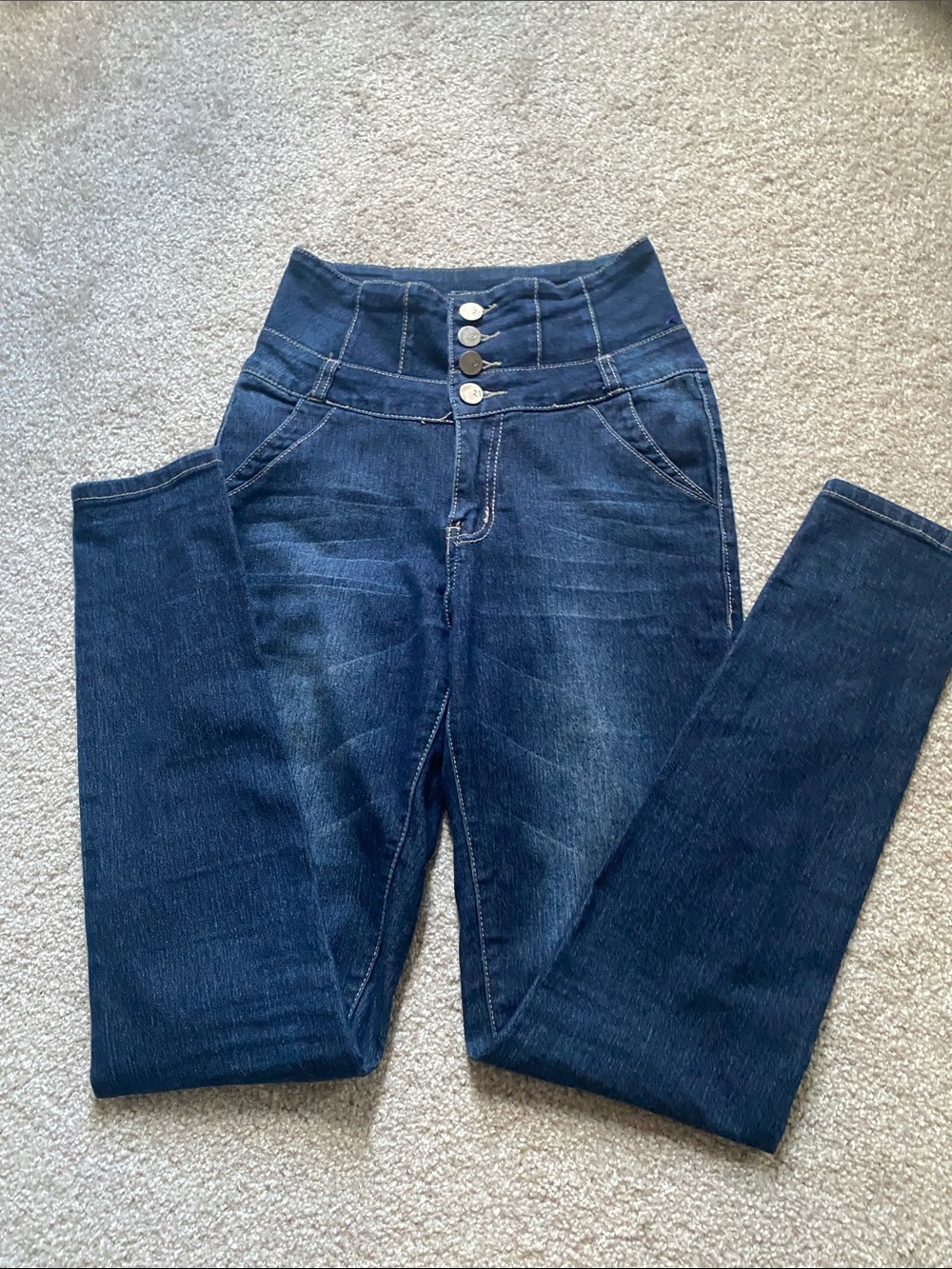 Dark Blue High-Rise Skinny Jeans with Four Button Detail